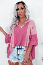 Strawberry Pink Ribbed Knit V Neck Long Sleeve Slim Fit Top - $10.89