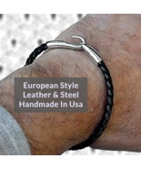 MENZLYFE Handmade Black BOND &amp; STEEL Euro Style Leather Bracelet Made in... - $27.63 CAD