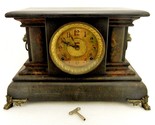 Ingraham Antique Mantel Clock w/Key, Black, Faux Marble, Lions, Works, C... - $146.95