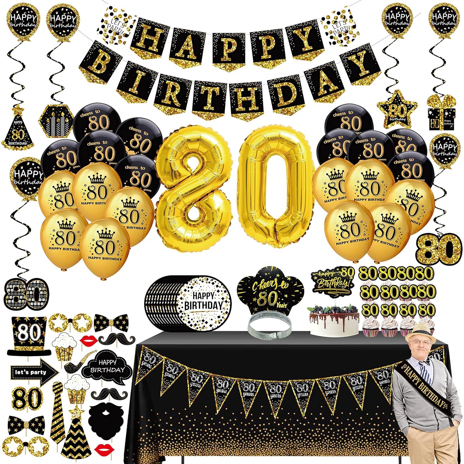 80Th Birthday Decorations For Men Women - (76Pack) Black Gold Party Banner, Penn