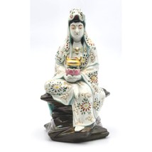 Rare Asian porcelain Guan Yin Figurine atop a rocky pedestal holding a C... - $404.59 CAD