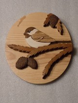 Chickadee Bird W Pine Cones Wooden Sculpted Carved Wall Picture Decor - £17.52 GBP