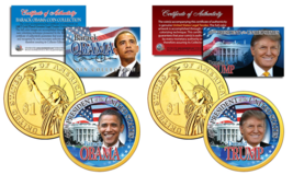 TRUMP &amp; OBAMA U.S Mint Colorized PRESDIENTIAL $1 Dollar Coins + 3rd Coin... - $15.95