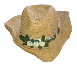 Soft Straw Cowboy Hat Women&#39;s One Size With Floral Duck Ribbon Woven Ros... - $18.23