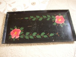 Vtg Black Floral Toleware Tray LARGE HEAVY Coffee Table French Country Cottage - £27.69 GBP