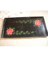 Vtg Black Floral Toleware Tray LARGE HEAVY Coffee Table French Country C... - £27.64 GBP