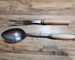 RARE Vintage 12” Wood Handle Fork And Spoon Set With Measuring Marks, Po... - $14.82