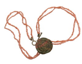 VTG Salmon Coral Natural Necklace Carved Stone Flower Pendant Beach Cott... - £55.22 GBP