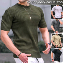 Men Summer Plaid Slim T-shirt Round Neck Short Sleeve Tops Business Casu... - £13.92 GBP