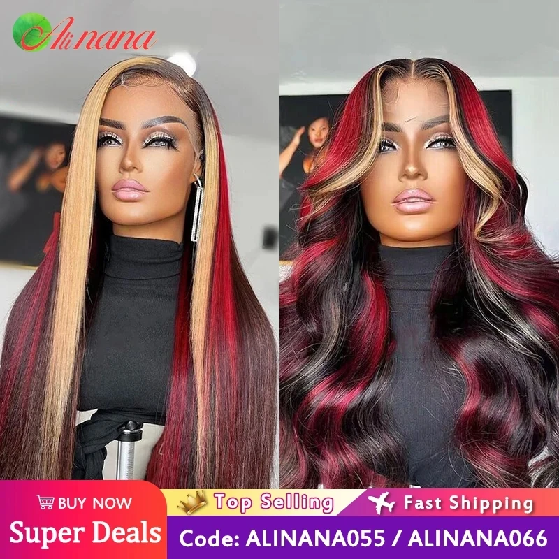 Highlight Red Blonde Colored Straight Body Wave Ready To Wear Glueless W - £83.07 GBP+
