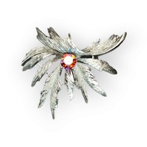 Vintage Aurora Borealis Rhinestone Silver-tone Brooch Pin Modernist Feather Leaf - £15.82 GBP