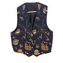 Fly Fishing Vest Men Size M Featuring Rod Reels Creel Basket Lures Casual Dress - £15.81 GBP