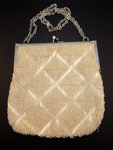 Vintage Ladies EMBROIDERED BEADED SMALL PURSE BAG White and Silver - $19.79