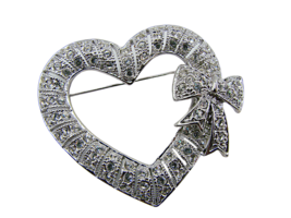Vintage Rhinestone Studded All Over Heart w/ Bow Brooch Pin Silver Tone 1.5x1.5&quot; - £18.32 GBP
