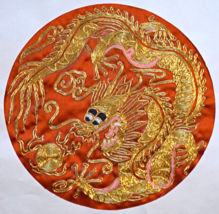 Decorative Embroidered Gold Stitched Dragon on Red Background Oriental C... - $39.99