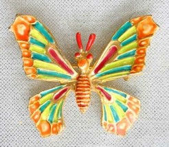 Fabulous Colorful Enamel Gold-tone Butterfly Brooch 1960s vint. 1 7/8&quot; - £11.76 GBP