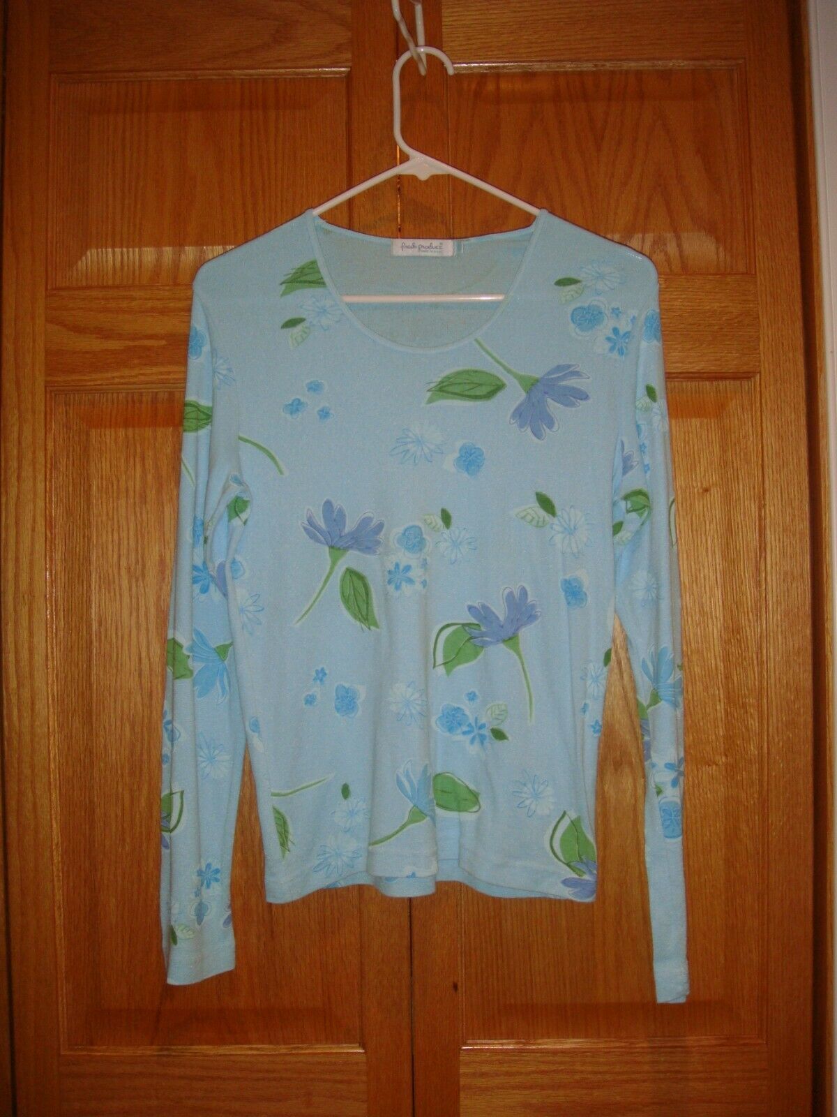 FRESH Produce Top L Lite Blue Floral Soft Sheen Top - $14.99