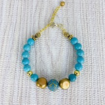 Turquoise Blue Jasper Bracelet Gold Tone Boho Adjustable Handmade Pineapple  - £27.72 GBP