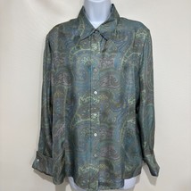 Lafayette 148 NY 14 Blue Green Paisley Silk Long-Sleeve Fitted Blouse - $74.97