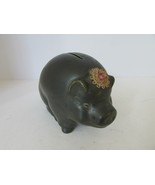 VTG CERAMIC COIN BANK BLACK HOG PIGGY WITH CLOTH FLOWER 4.25&quot;H NO STOPPER - $4.90