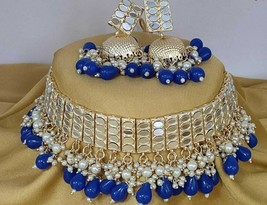 Bollywood Style Gold Plated Kundan Royal Blue Choker Necklace Jhumka Jewelry Set - £30.04 GBP