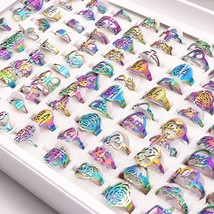 50Pcs/lot Mix Random Style Laser Cut Pattern Rainbow Color Stainless Steel Rings - £23.00 GBP