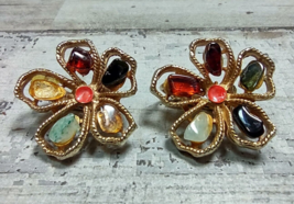 Vintage Goldtone Filigree Flower Earrings w/ Multicolored Polished Stone... - $8.37