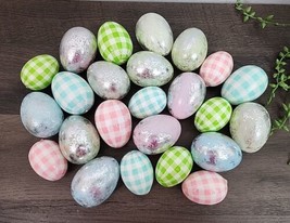 Silver Foil Easter Eggs Ornaments Pastel Plaid Bowl Basket Filler Spring... - $18.99