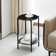 2-layer End Table with Whole Marble Tabletop, Round Coffee Table - Black - £55.34 GBP