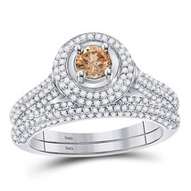 14kt White Gold Round Brown Diamond Solitaire Bridal Wedding Ring Set 1-1/4 Ctw  - £1,079.20 GBP