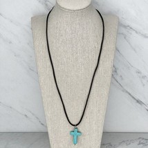 Silver Tone Black Cord Faux Turquoise Cross Pendant Necklace - £5.53 GBP