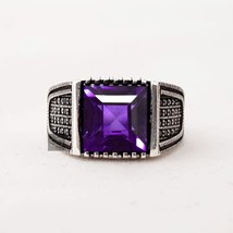 Amethyst Purple Men Ring, Mens Silver Handmade Ring, Square Cut Amethyst Ring - £56.02 GBP