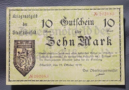  German 10 Mark 1918 Kriegsnotgeld Der Stadt Elberfeld Uncirculated Banknote - £3.92 GBP