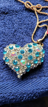 New Betsey Johnson Necklace Heart Ick Blue White Rhinestone Valentine Decorate - £11.85 GBP