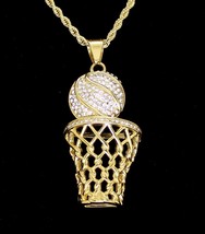 Basketball CZ Pendant Stainless Steel Gold Plated 24&quot; Rope Never Fade/Tarnish - £14.25 GBP