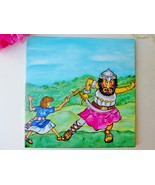 Decorative Ceramic Tile Hand Painted David &amp; Goliath Bible Story Home Decor - $66.72 CAD