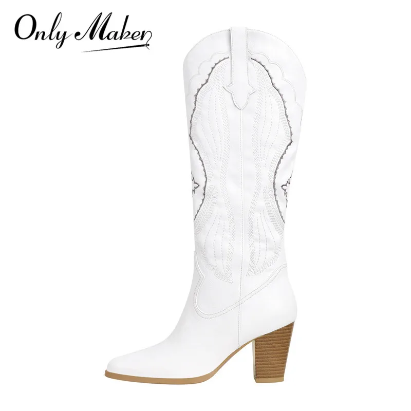 Onlymaker Women White Pointed Toe Knee High Boots Western boy Boots Calf Embroid - £155.49 GBP