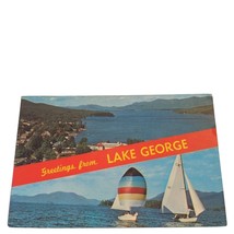 Postcard Greetings From Lake George New York Sailboat Aerial View Chrome Posted - £6.77 GBP