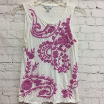 Lucky Brand Womens Tank Top White Purple Floral Embroidered Scoop 100% Cotton XS - £7.81 GBP
