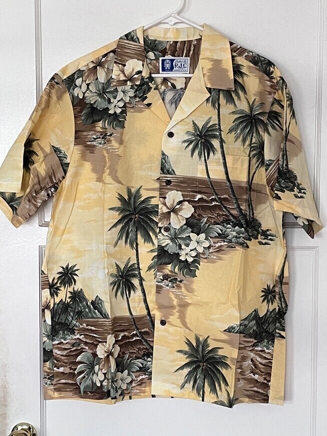 Hawaiian Style Shirt - Island Scene, palms, ocean, volcanoes, Flowers - ... - $18.78