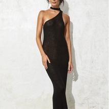 Solid Color Sexy One Shoulder Halter Bandage Backless Knitted Long Dress - £32.10 GBP