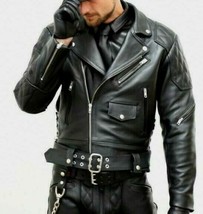 Mens Real Cowhide Bikers Jacket Quilted Panels Schwarz Cuir Lederhemd Gay  - £109.83 GBP