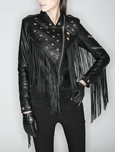 Women&#39;s Black Leather Gold Star Studded Long Fringes Stylish Handmade Jacket - £125.30 GBP