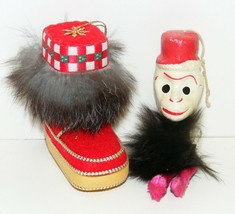 Boot &amp; Monkey - 2 Vintage Fur-Trimmed Ornaments - £9.59 GBP