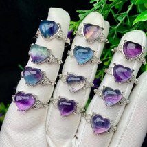 10PCS Natural Stone Colored Fluorite Heart Ring For Women Fashion Healing Gemsto - £70.26 GBP