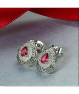 14k White Gold Plated 1.00Ct Pear Simulated  Red Ruby Halo Stud Earrings... - £71.38 GBP