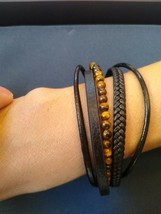 5 String Leather Bracelet with Tiger Eye Beads &amp; Magnetic Clasp - £17.14 GBP