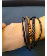 5 String Leather Bracelet with Tiger Eye Beads &amp; Magnetic Clasp - £17.42 GBP