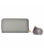 Gray Vegan Leather Zipper Wallet with Key Chain Pom Pom (7.5x1x4&quot;) New!!... - $11.96