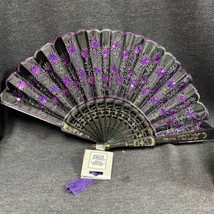 Folding Hand Fan Sequin Purple w/Black Lace open size 16.5x9&quot; New With Tags - £6.99 GBP